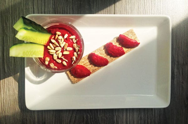 Beetroot hummus with beans and sunflower seeds result