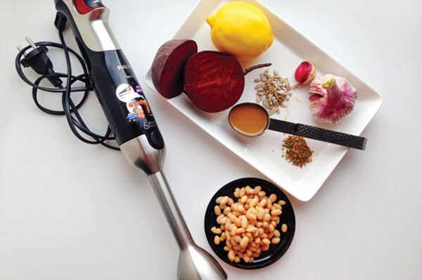 Beetroot hummus with beans and sunflower seeds necessities